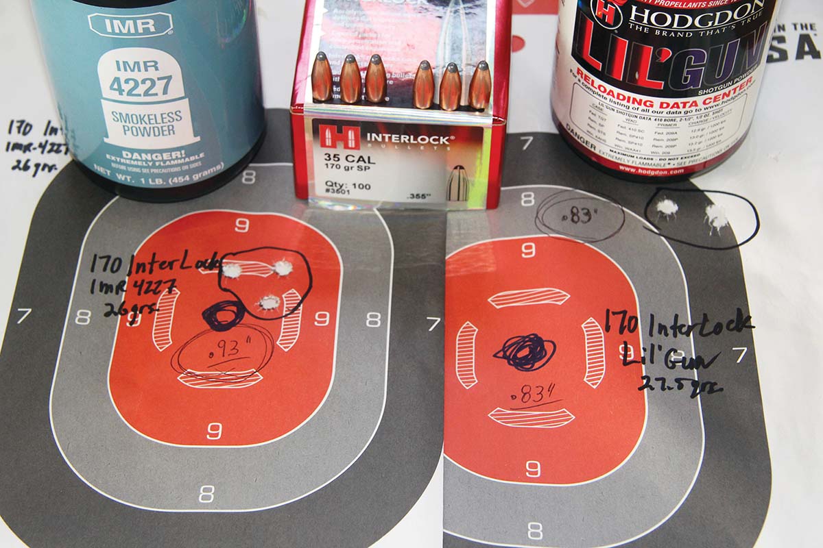 The smallest group of the test (right) included Hornady’s 170-grain InterLock and 27.5 grains of Hodgdon Lil’Gun – printing into .83-inch at 2,510 fps. Twenty-six grains of IMR-4227 (left) produced another sub-1-MOA group at just 2,263 feet per second (fps).